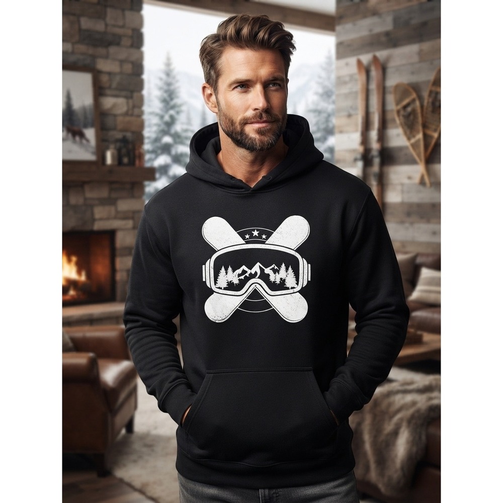 Gildan Graphic Hoodie Snowboard Goggles Men's M Black Cotton Pullover Streetwear